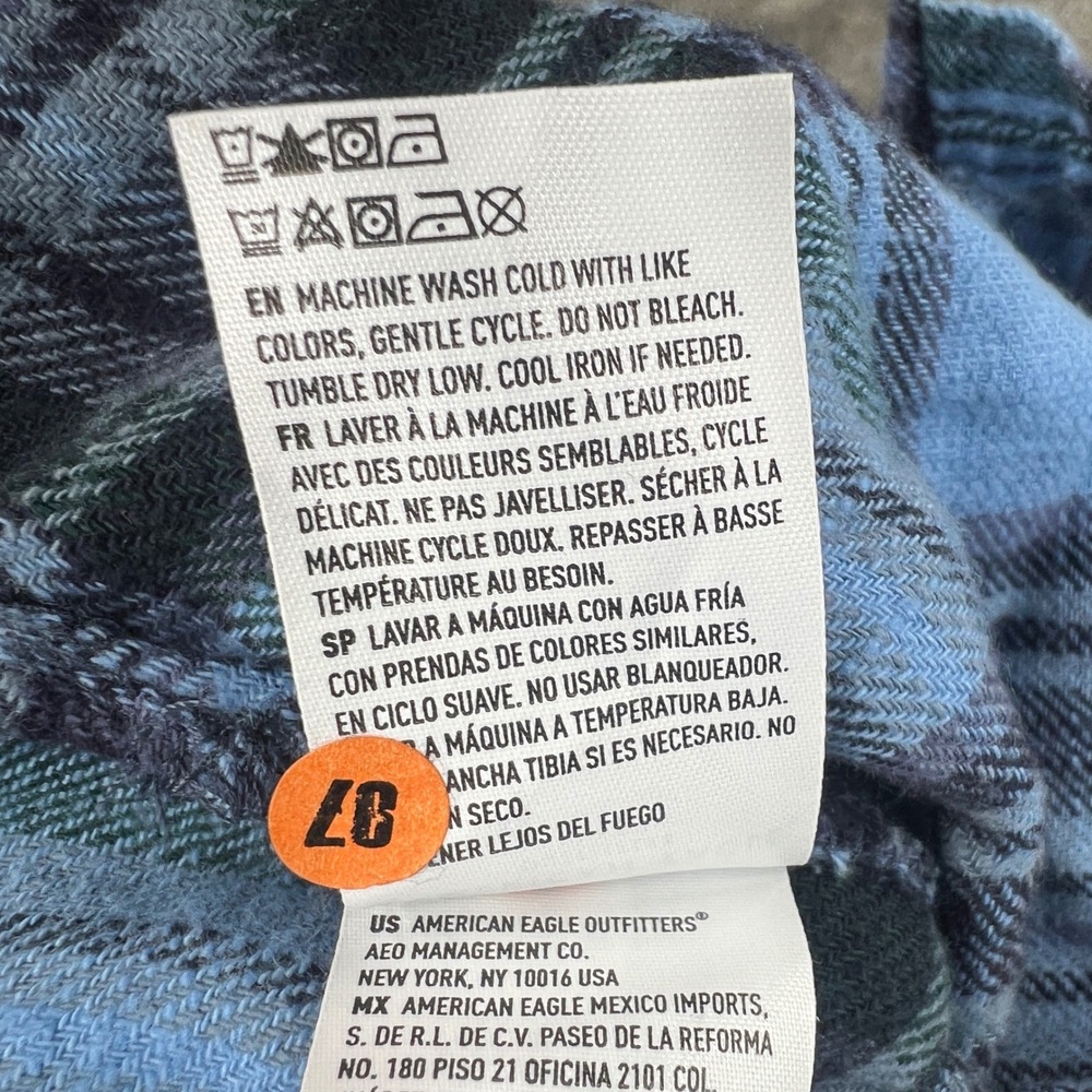 American Eagle Blue Plaid Hooded Flannel Shirt Button Size XS Grunge Skater - Picture 7 of 7